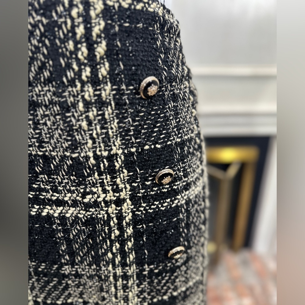 Fate Women’s Tweed Plaid Skirt Black Cream Bouclé Military Button Front‎ S NWT - Picture 2 of 10